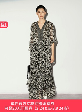 XG/雪歌26春度假风碎花连衣裙女长裙V领优雅长款裙子XL104009B394