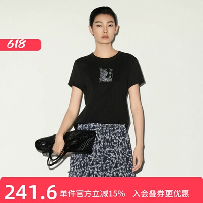XG/雪歌印花圆领黑色短袖T恤女