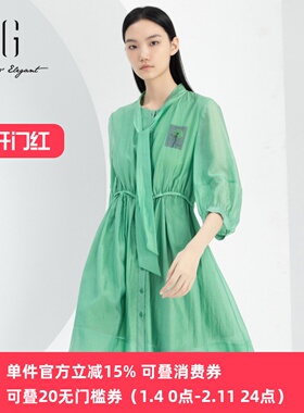 xg雪歌正品七分袖连衣裙女通勤2024春季新款休闲中裙XJ104016A441