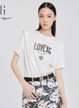 xg雪歌印花白色T恤女短袖圆领2024夏季新款休闲上衣XJ201007A751