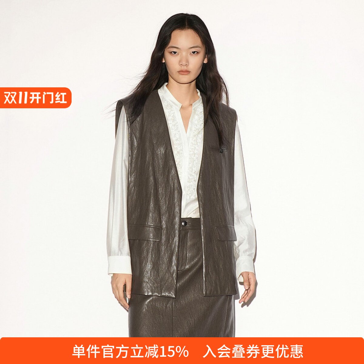 XG/雪歌V领无袖通勤皮质马甲女