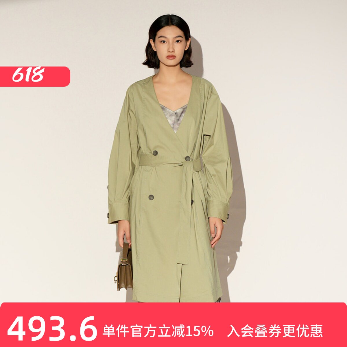 XG/雪歌26春款双排扣风衣女中长款V领腰带高级感外套XL108010A485