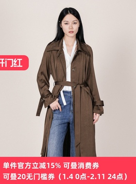 XG/雪歌26春通勤风大翻领长款风衣女系带收腰薄外套XL108008A409