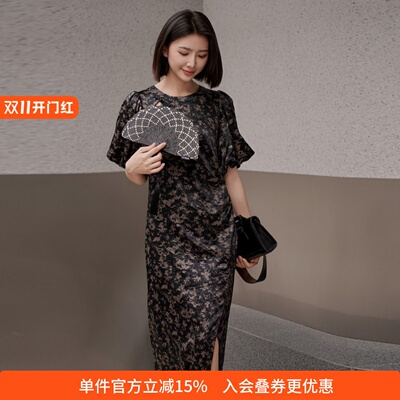 XG/雪歌开叉中长气质显瘦连衣裙