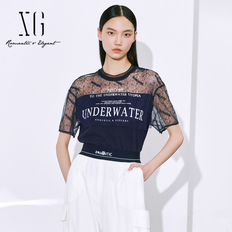 xg雪歌字母印花蕾丝衫女套头专柜正品2023夏新款衬衫xi221014a325