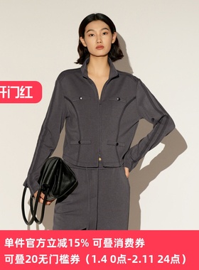 XG/雪歌26春新款极简风立领短外套灰色拉链通勤上衣XL107019A384