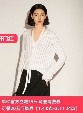 XG/雪歌26春款白色飘带V领开衫女针织衫显瘦毛衫上衣XL111035A451