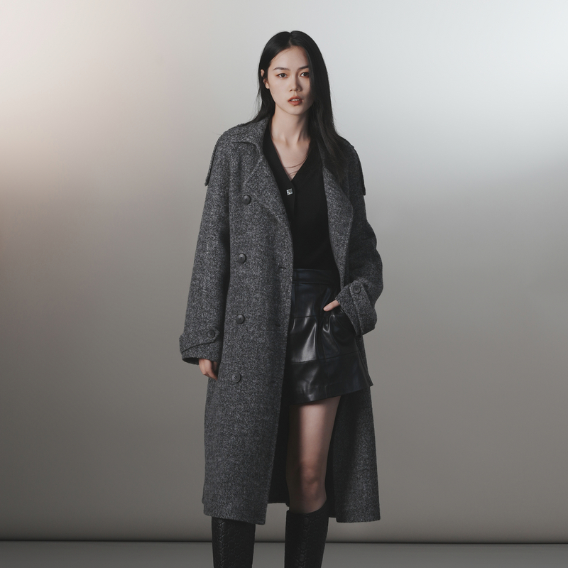 XG/雪歌翻领毛呢中长大衣外套