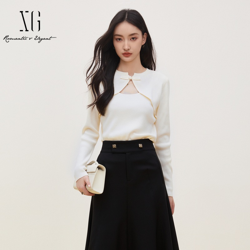 XG/雪歌设计感假两件镂空毛衣女