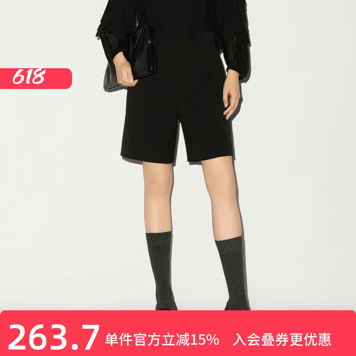 XG/雪歌26春款黑色高腰西装短裤女直筒羊毛休闲裤子XL102013A290
