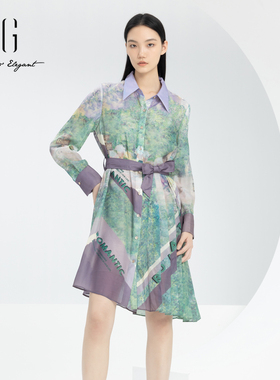 xg雪歌正品复古印花连衣裙女不规则2024春新款中长裙XJ104025B296