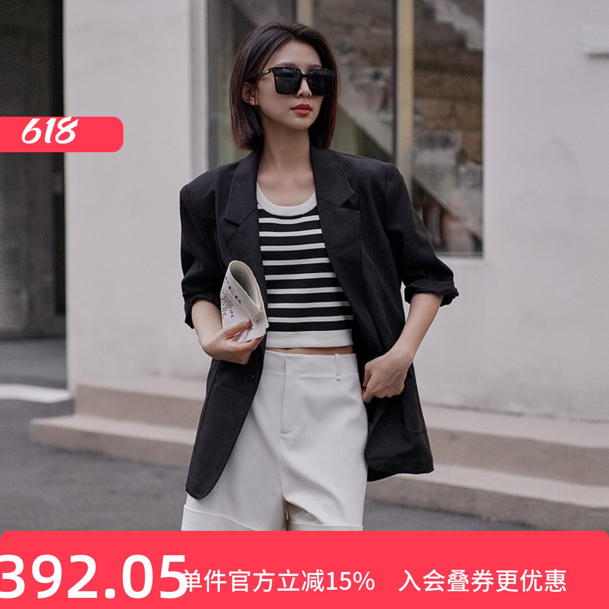 XG/雪歌中袖翻领黑色西装外套女
