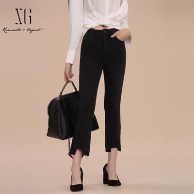 XG/雪歌黑色直筒牛仔裤女