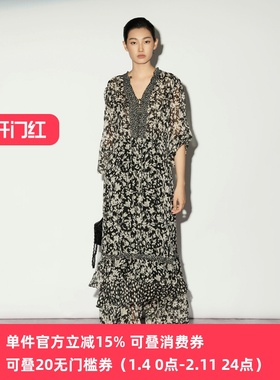 XG/雪歌26春度假风碎花连衣裙女长裙V领优雅长款裙子XL104009B394