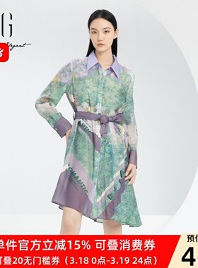 xg雪歌正品复古印花连衣裙女不规则2024春新款中长裙XJ104025B296