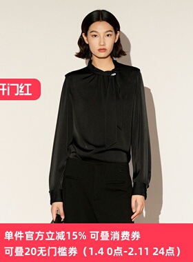 XG/雪歌26春优雅风黑色飘带领雪纺衫女知性缎面小衫XL121007A190