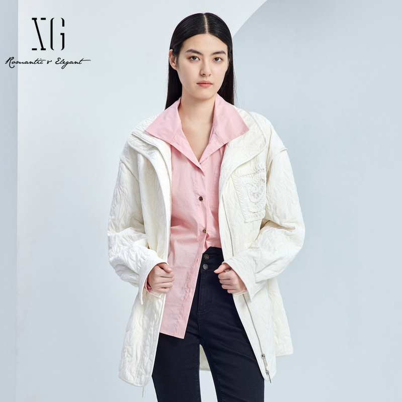 XG/雪歌刺绣休闲宽松翻领风衣