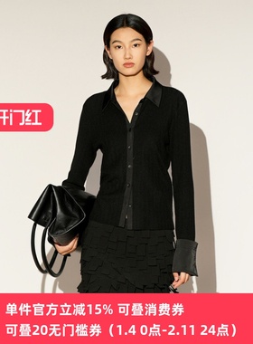 XG/雪歌26春黑色翻领针织开衫女袖纽扣毛衣外搭显瘦XL111006A190