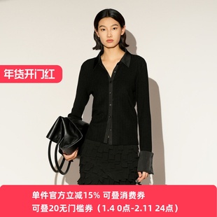 XG/雪歌26春黑色翻领针织开衫女袖纽扣毛衣外搭显瘦XL111006A190