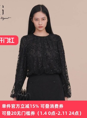 XG/雪歌手工珠片黑色衬衣女2025春新款套头衬衫上衣XK121027A290