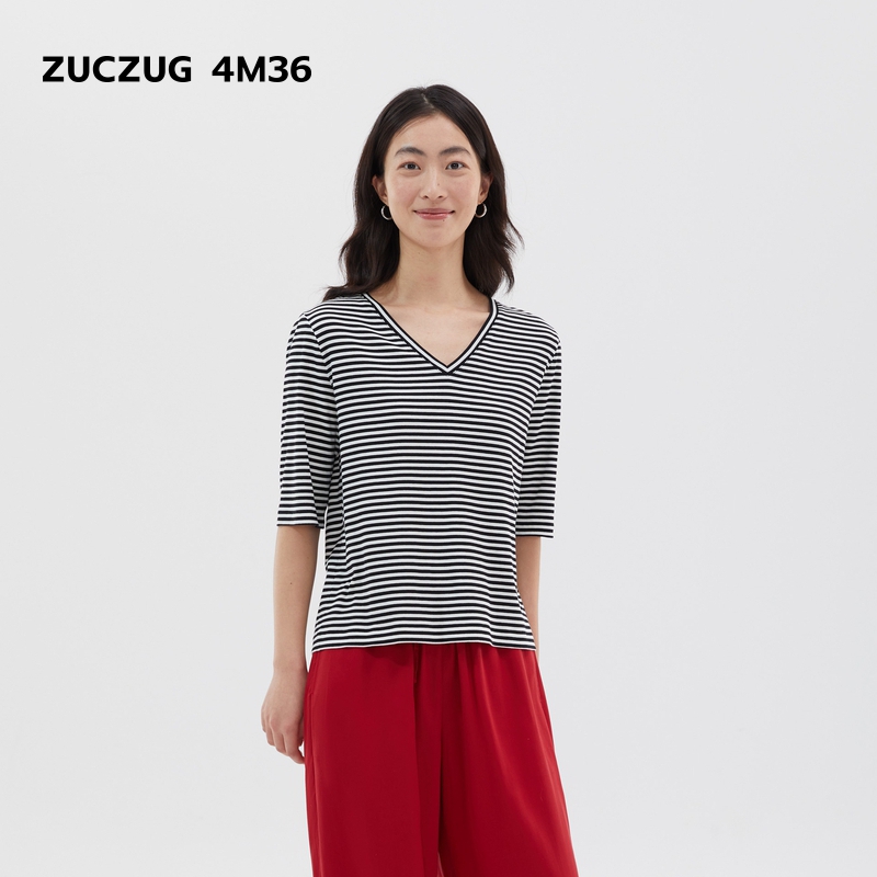 ZUCZUG4M36罗纹V领五分袖T恤