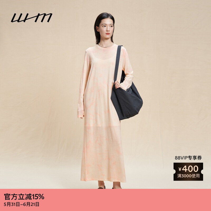 素然WHM 秋女士复古成衣染针织圆领长袖A型连衣裙
