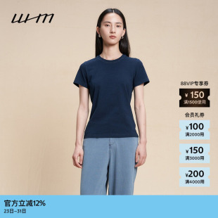 女士设计感靛蓝染针织布合体短袖 秋季 素然WHM T恤 明星同款
