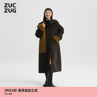 素然秋冬女士安可拉红羊毛双面呢带帽长大衣 ZUCZUG