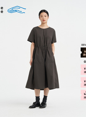 【新品】素然 Klee Klee 26夏女士环保棉小格子收腰短袖长连衣裙