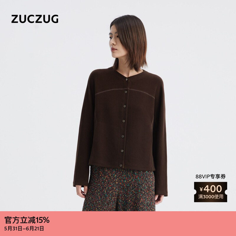 ZUCZUG 素然 秋女士复古舒适绒感垂感针织布小V领开衫