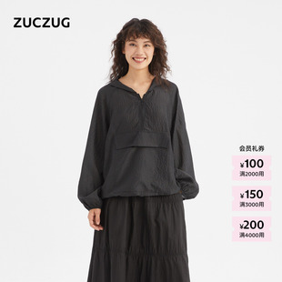【新品】ZUCZUG 素然 26夏女士通勤气质丝涤泡泡绉带帽长袖T恤