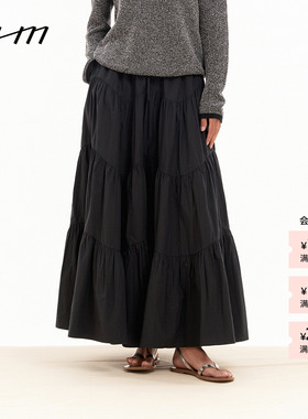 【新品】素然 WHM 26春女士简约红色微皱轻薄棉布波浪塔裙