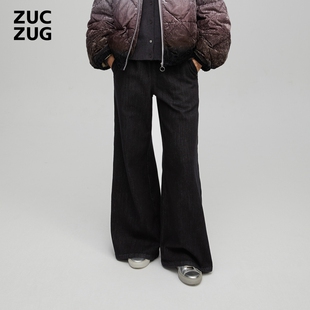 女士休闲气质磨毛黑色牛仔大喇叭裤 ZUCZUG 素然冬季