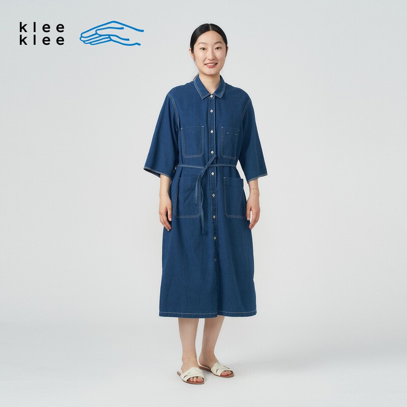素然klee klee 夏女士简约竹节斜纹轻薄牛仔长连衣裙