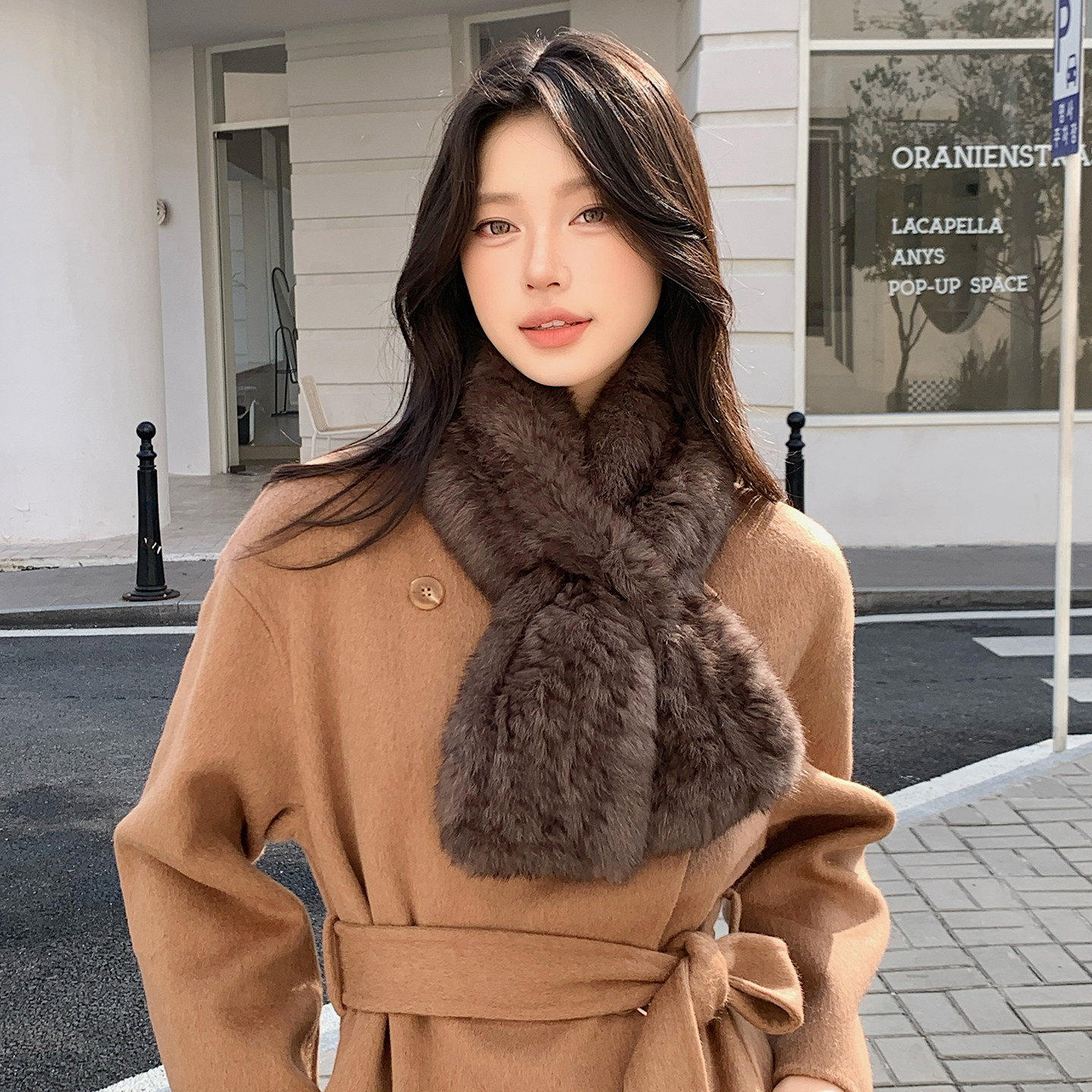 宾雅图 兔毛编织皮草围巾 美拉德咖色大气感柔软冬季保暖围脖女