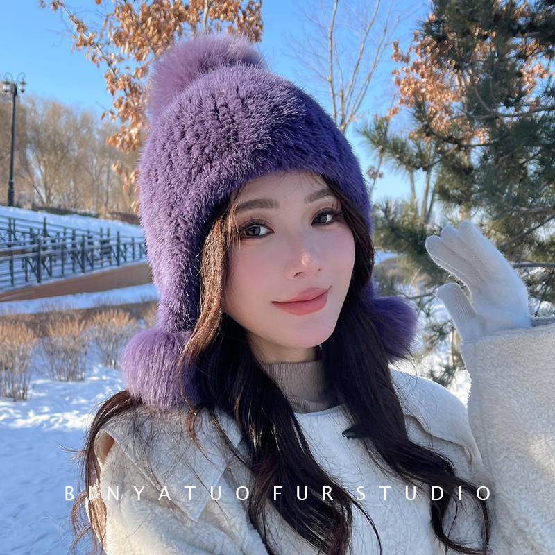 加密真毛冬季狐狸球球皮草帽子