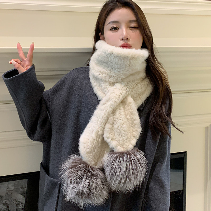 水貂毛编织长款围巾银狐狐狸毛球真毛秋冬气质围脖女保暖貂皮围巾