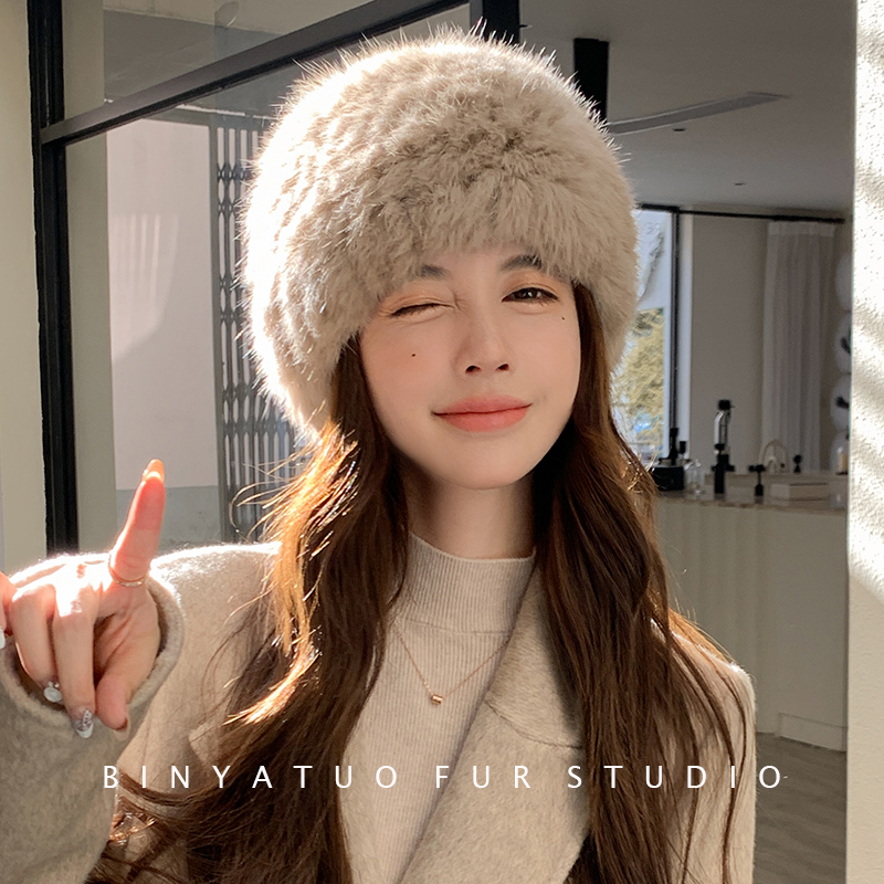 兔毛编织皮草帽子 双面真毛弹力大头女帽秋冬保暖护耳小圆帽纯色