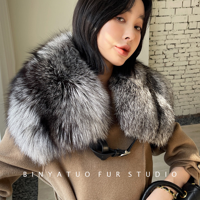 宾雅图 时尚大气银狐色皮草披肩 加宽真毛狐狸毛坎肩大围脖女冬季