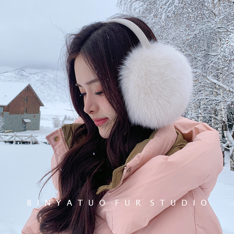 奶油色狐狸毛可爱耳捂耳罩可伸缩暖耳 真毛耳套耳暖女冬季耳包