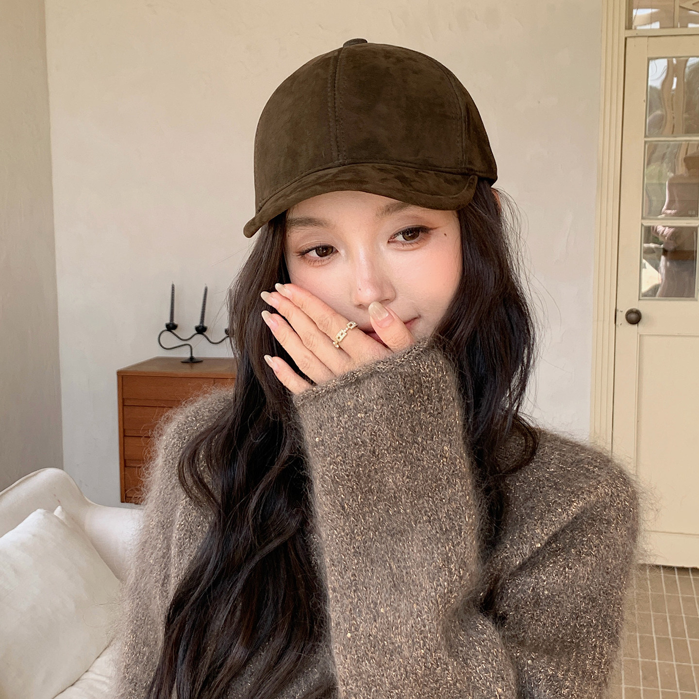 山羊绒复古老钱真皮女士鸭舌帽子秋冬短檐小羊皮反绒皮棒球帽