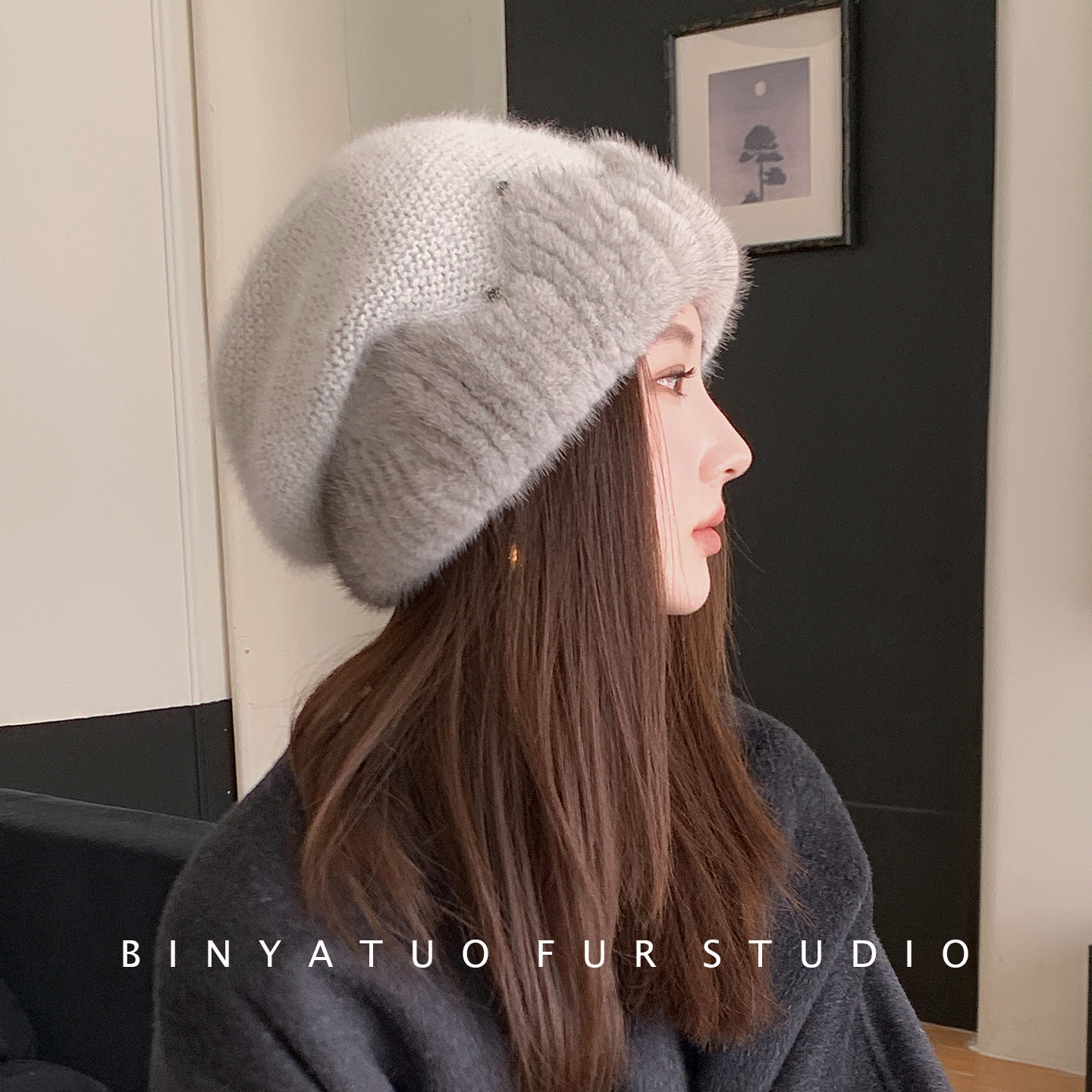 新款波浪纹帽檐水貂帽子女真皮毛貂皮帽皮草堆堆帽显头小保暖冬季