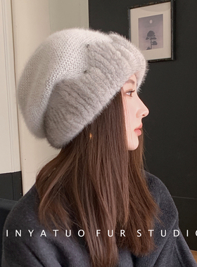 新款波浪纹帽檐水貂帽子女真皮毛貂皮帽皮草堆堆帽显头小保暖冬季