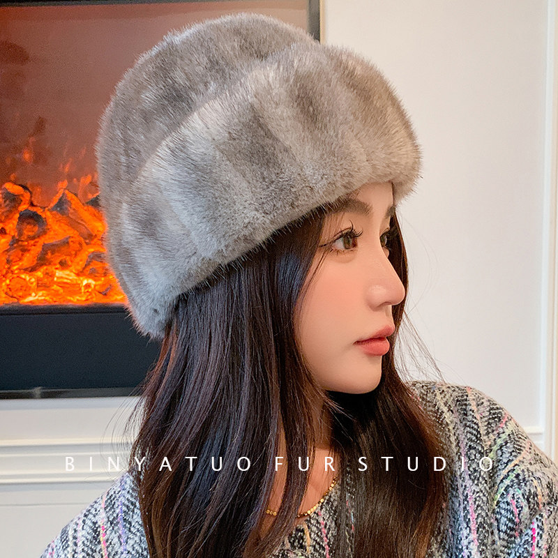 水貂毛皮草帽子貂皮帽子女士冬季护耳帽真皮毛礼帽裘皮礼帽显脸小