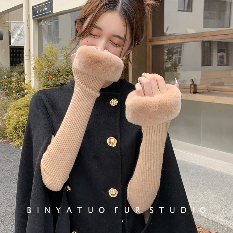 獭兔毛配针织长款手臂套 冬季保暖配七分袖保暖连指手套女韩国