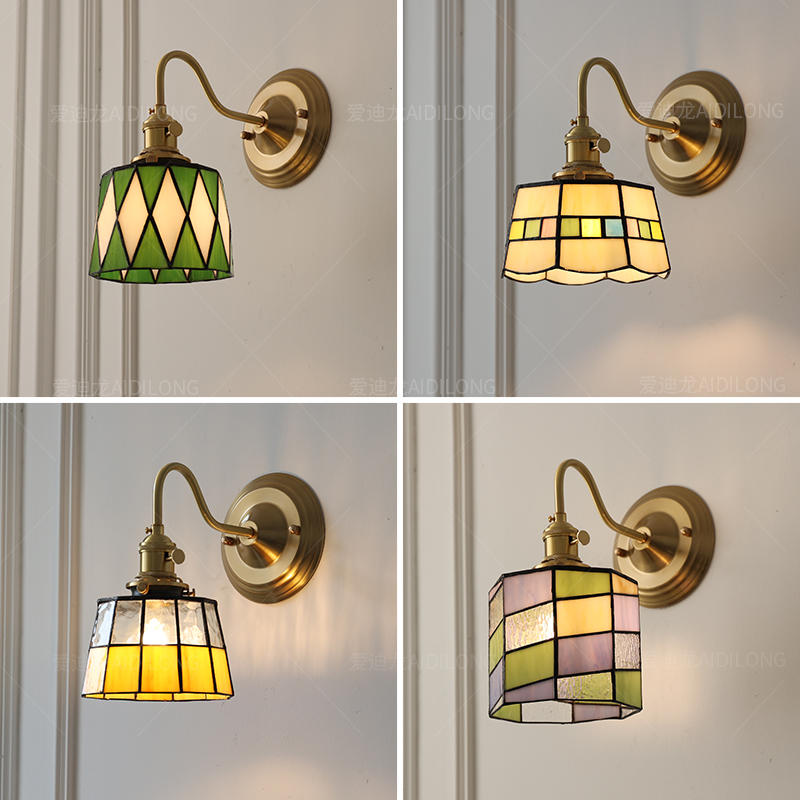 美式复古黄铜手工彩色玻璃壁灯日式简约床头走廊民宿咖啡厅酒吧灯