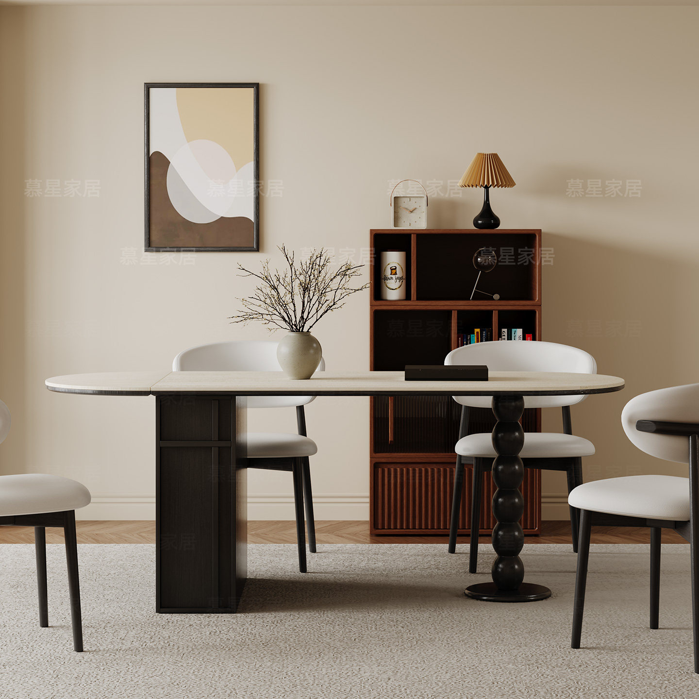 收纳储物德利丰岩板餐桌椅组合洞石小户型中古风可折叠实木餐桌子,住宅家具,岩板餐桌,淘宝优惠券,粉丝福利购,淘宝优惠卷