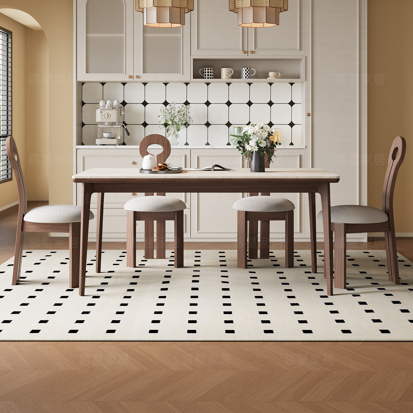 德利丰岩板洞石法式餐桌家用小户型轻奢奶油半圆长方形实木餐桌子,住宅家具,岩板餐桌,淘宝优惠券,粉丝福利购,淘宝优惠卷