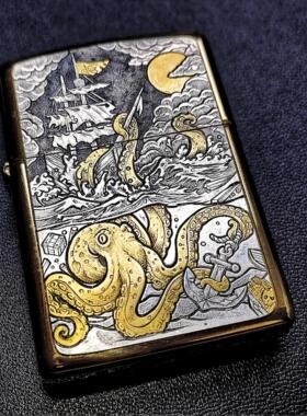 ST.Z & BLACK FIVE 章鱼海盗系列雕刻镶金银章打火机贴章职人手作