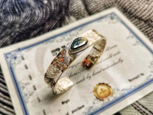 唐草 神奈川冲浪里双面雕刻手镯饰品925银镶嵌美国银斑松伊萨卡